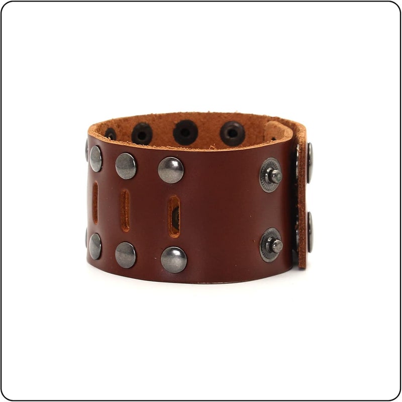 Fusamk Punk Rock Double Row Rivets Wristband Hollow Wide Leather Cuff Bracelet - Image 5